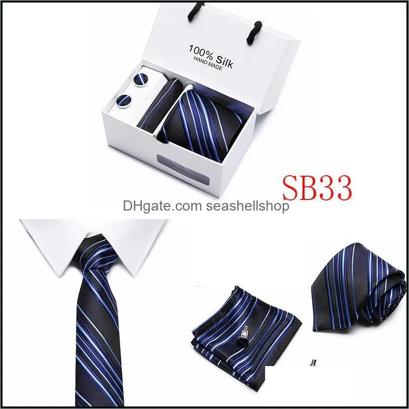 fashion polyester jacquard neck tie set white geometric necktie hanky cufflink suit ties for men business wedding party