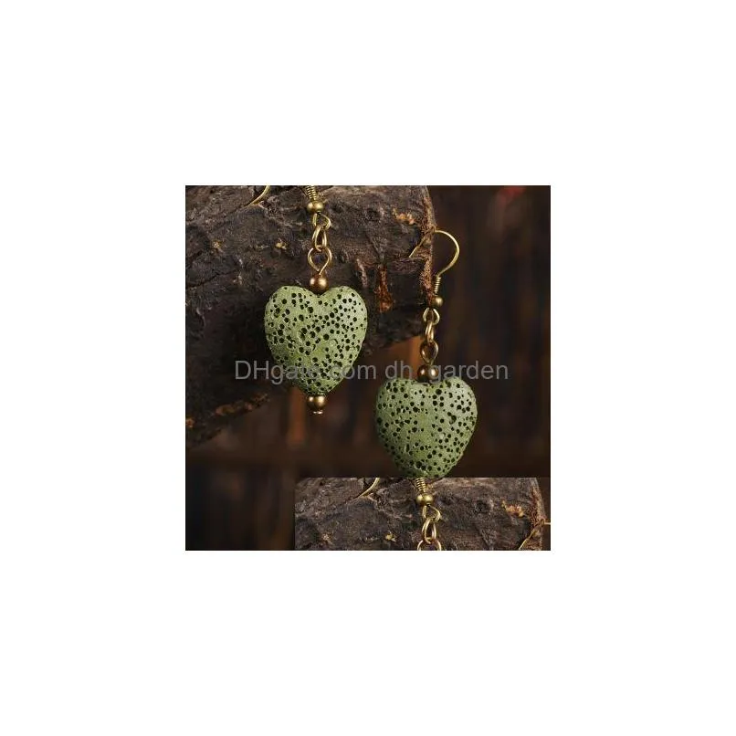 8 colors lava rock heart shape dangle earrings essential oil diffuser natural stone drop ear rings for women fashion aromatherapy