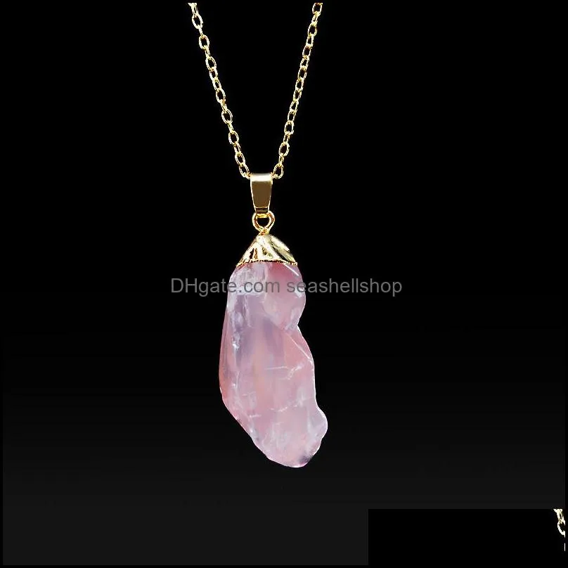 punk irregular natural stone crystal rose pendant necklaces goldcolor quartz wire wrapped women necklace