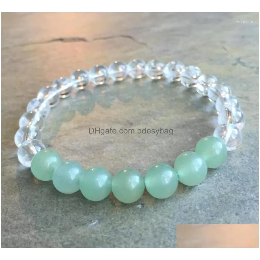 strand beaded strands 8mm set of 2 green stone clear crystal quartz bracelet yoga mala beads elastic stretchy braceletbeaded