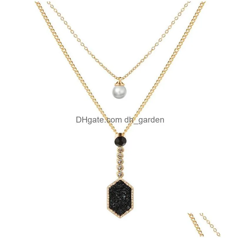  shiny druzy stone layered necklaces geometric natural stone faux pearl pendant gold multilayer chains choker for women fashion