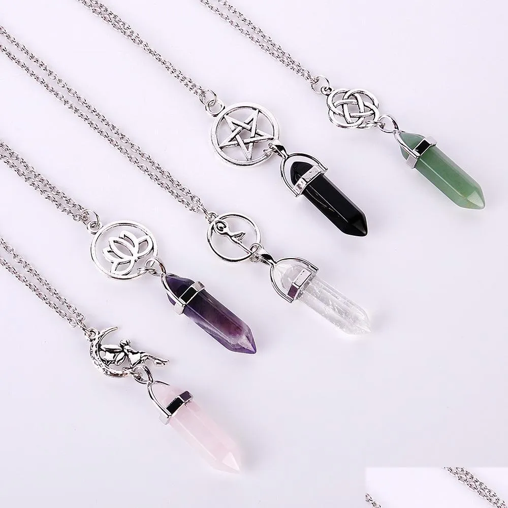 fashion hexagonal prism quartz pendant necklaces star lotus angel natural crystal healing point chakra stone charm chain for women