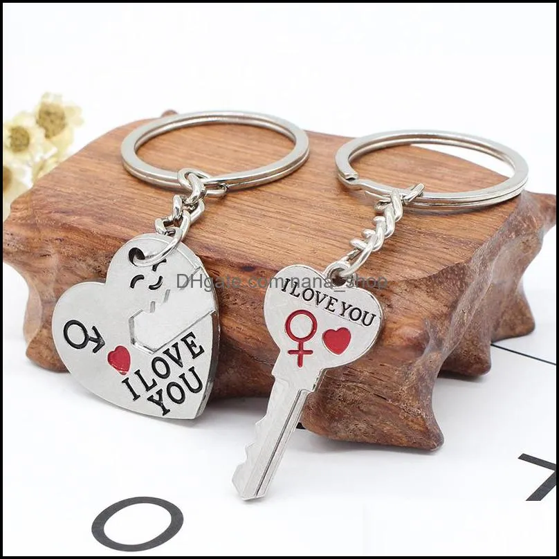 2pcs set alloy heart keychain i love you couple key chain lovers pendant key ring keychains for girls and boys 