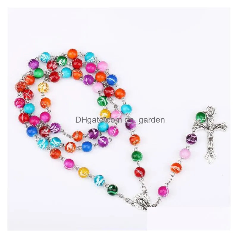  religious catholic rainbow rosary long necklaces jesus cross pendant 8mm bead chains for women men s fashion christian jewelry