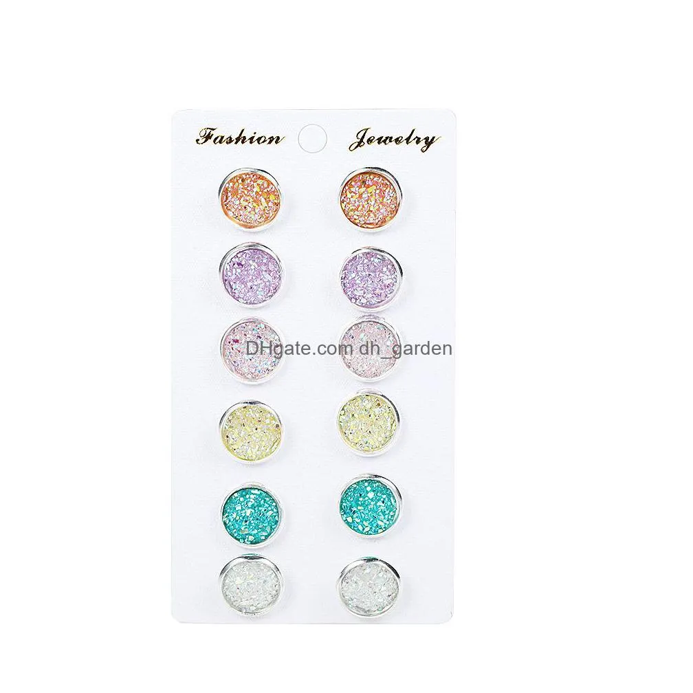 6 pair/set womens shiny resin ear stud with round bling druzy stone for girls cute earrings set 2019 fashion jewelry gift