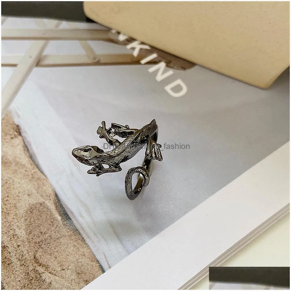 vintage fashion jewelry gecko ring metal geometric animal opening index finger ring