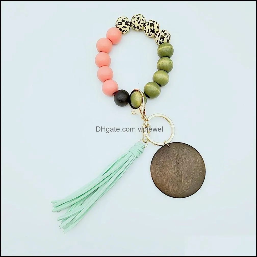 leopard wood beads bracelet key ring with tassel circle fashion elastic keychains for lady handbag pendant jewelry q403fz