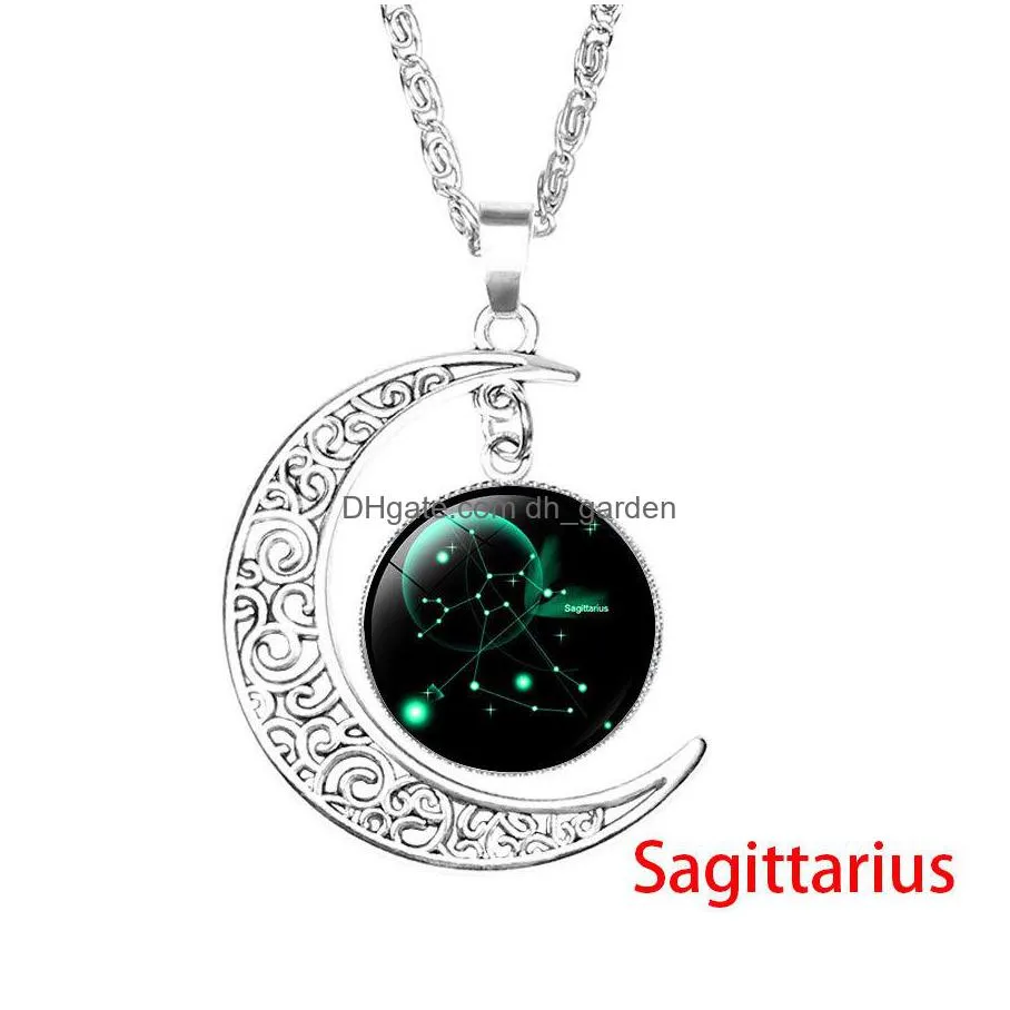  12 zodiac sign pendant moon necklaces for women glass cabochon constellation charm chains fashion jewelry gift