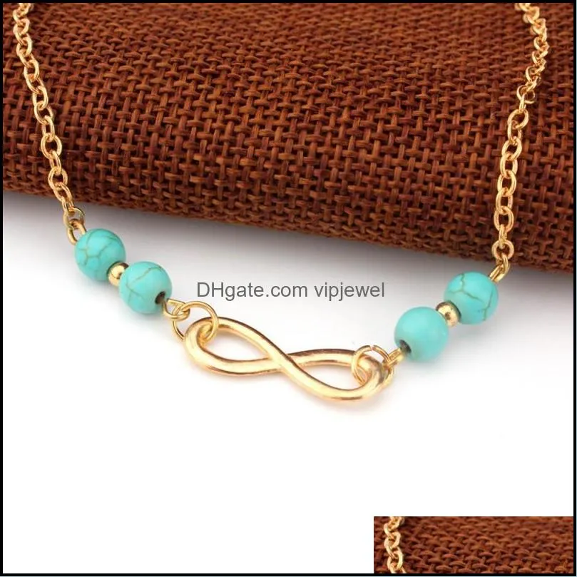 8 characters beaded anklet infinite 4 blue beads pendant gold charm ladies summer ankle fashion jewelry good luck d936l a
