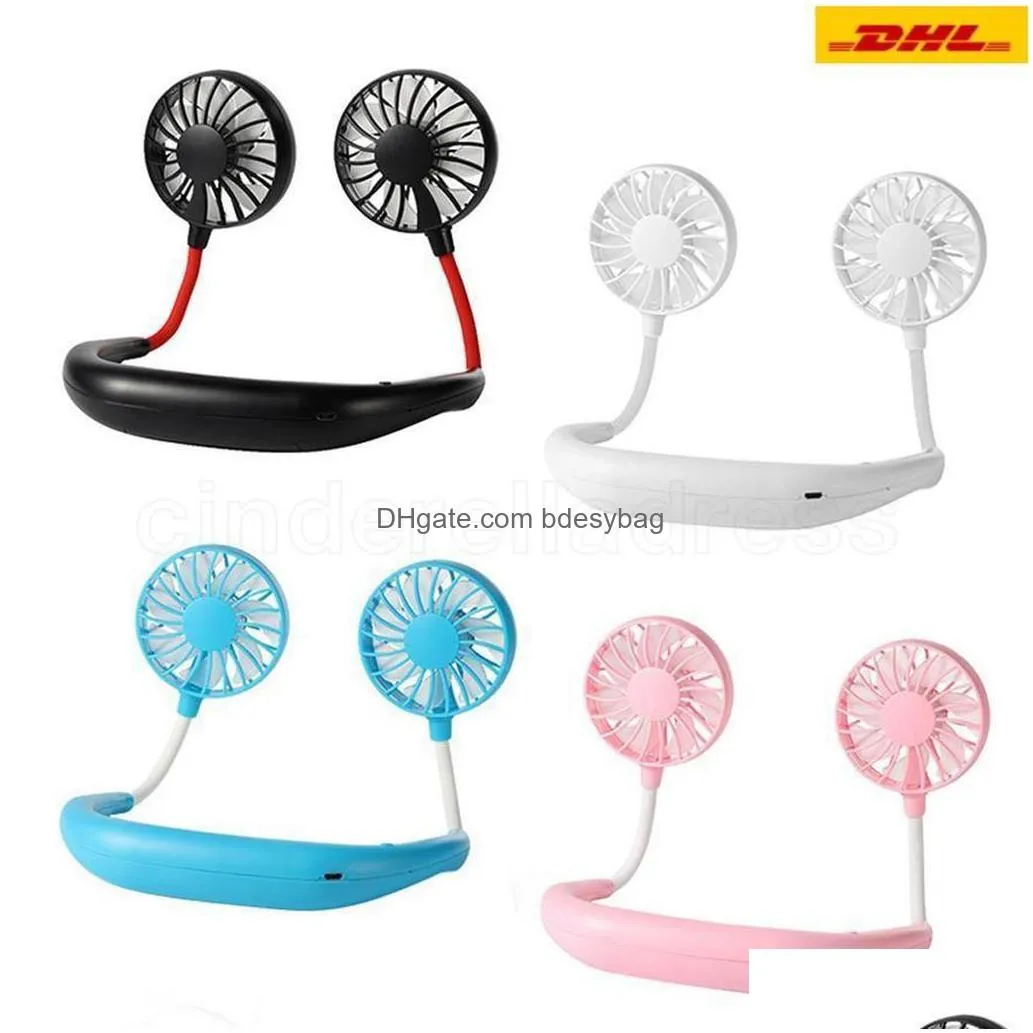 party favor portable usb rechargeable fan hands lazy neck hanging dual cooling mini fan sport 360 degree rotating hanging fan 591