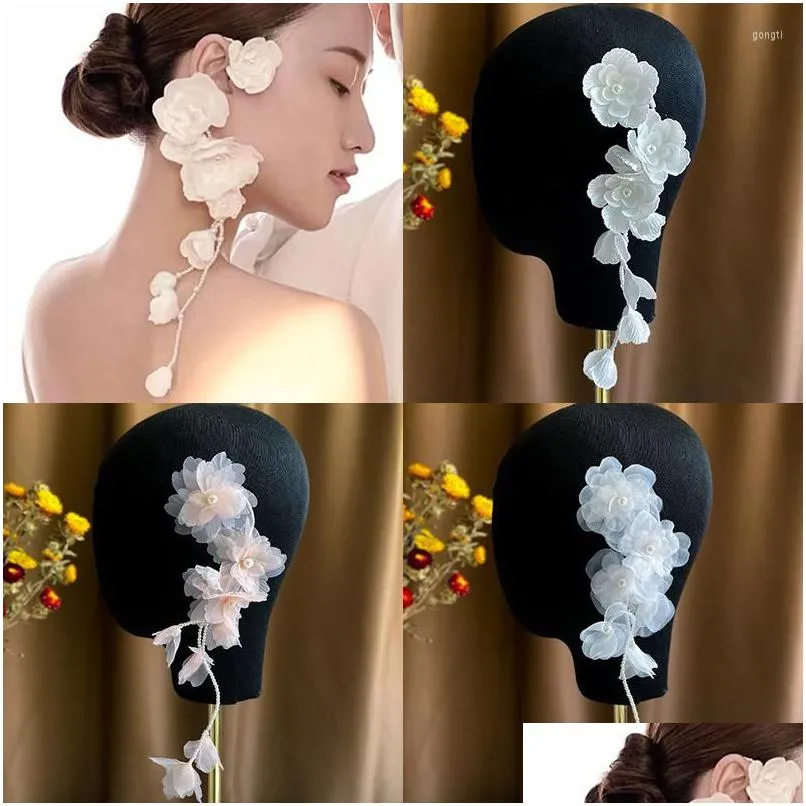 dangle earrings beautiful flower long headdress crepe fabric ear hanging hair decoration dualuse bridal