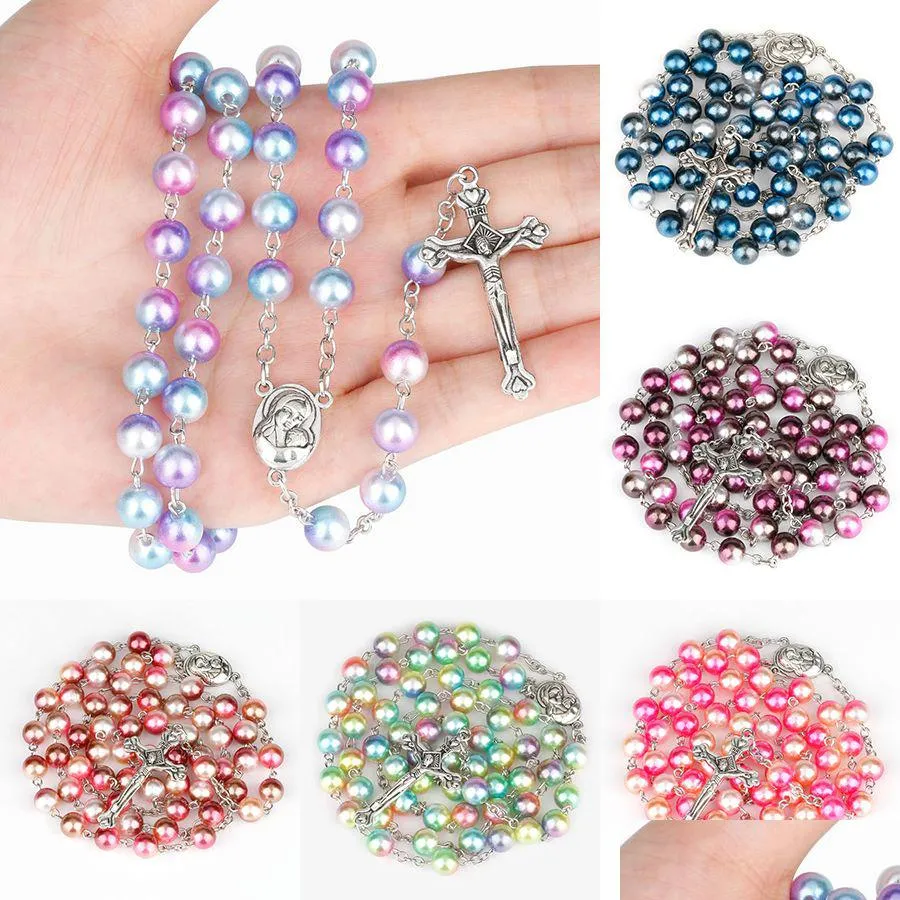 12 colors religion rosary necklace for women christian virgin mary jesus cross pendant long beads chains fashion jewelry gift