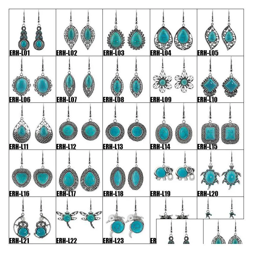 boho turquoise stone dangle drop earrings crown flower animal chandelier vintage silver ear hook for women fashion jewelry