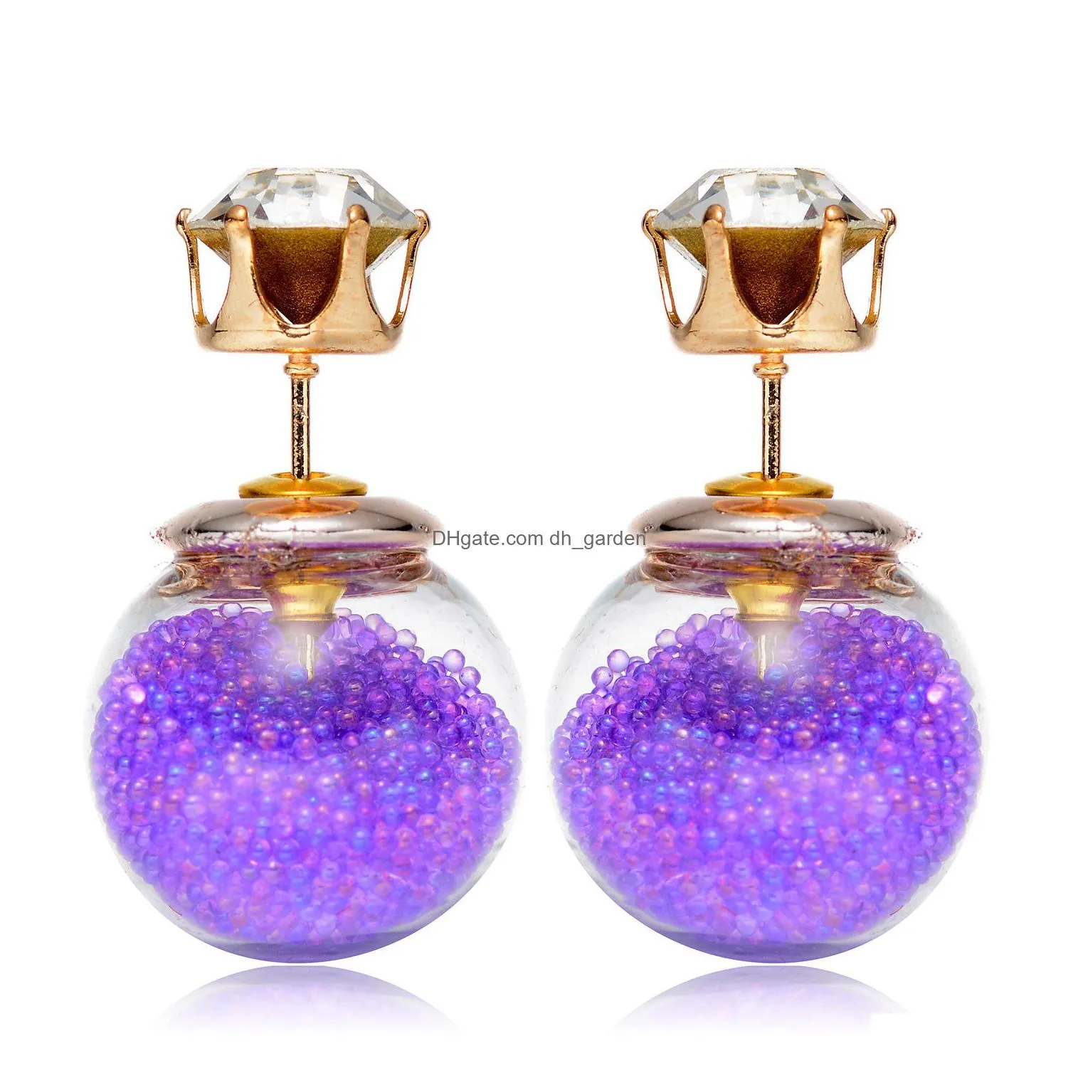  double sided pearl women earings transparent glass cubic zirconia cz stud earings for candy color quicksand fashion jewelry
