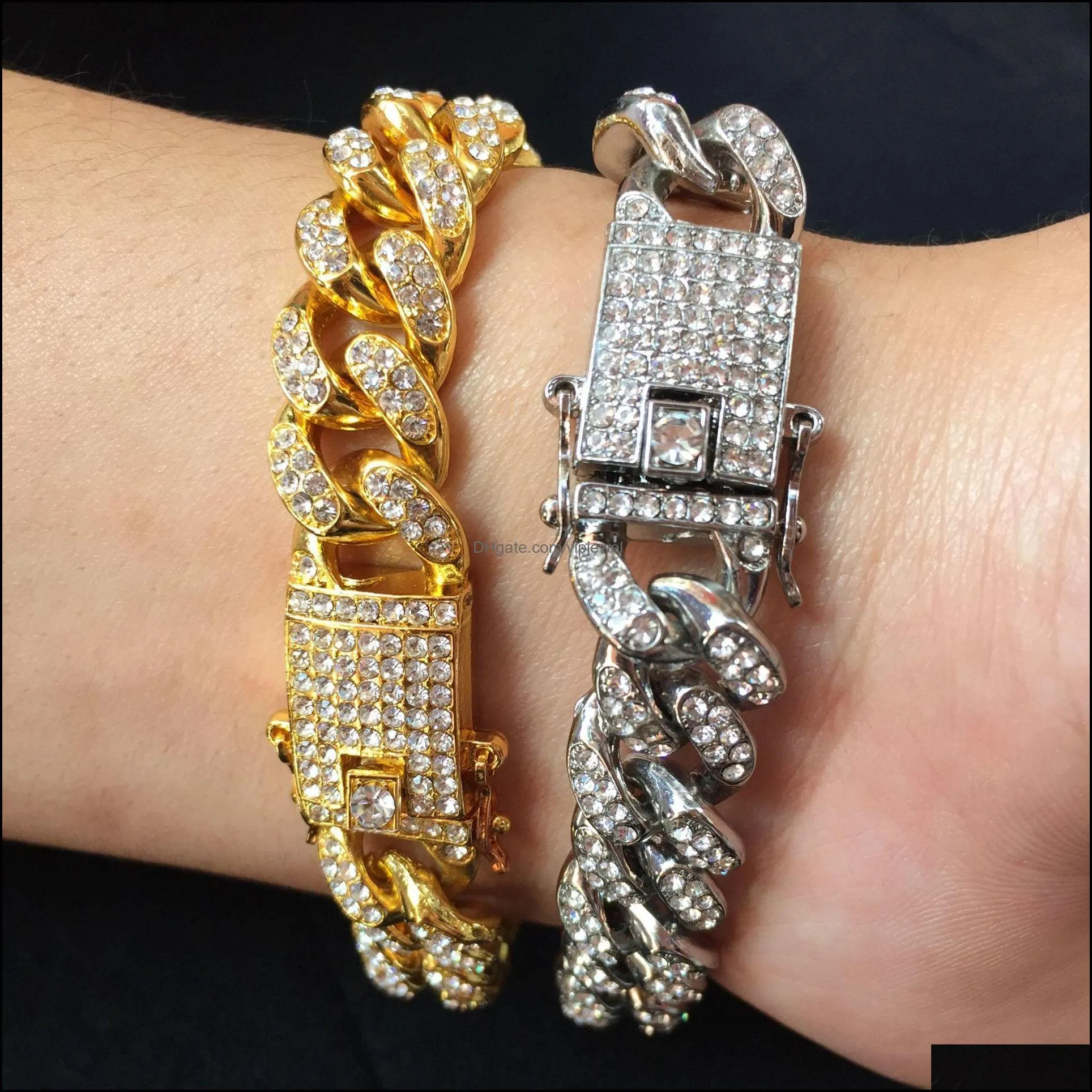 mens hip hop gold bracelet full diamond jewelry fashion cuban link chain bracelets charm bangle women gift m963f z