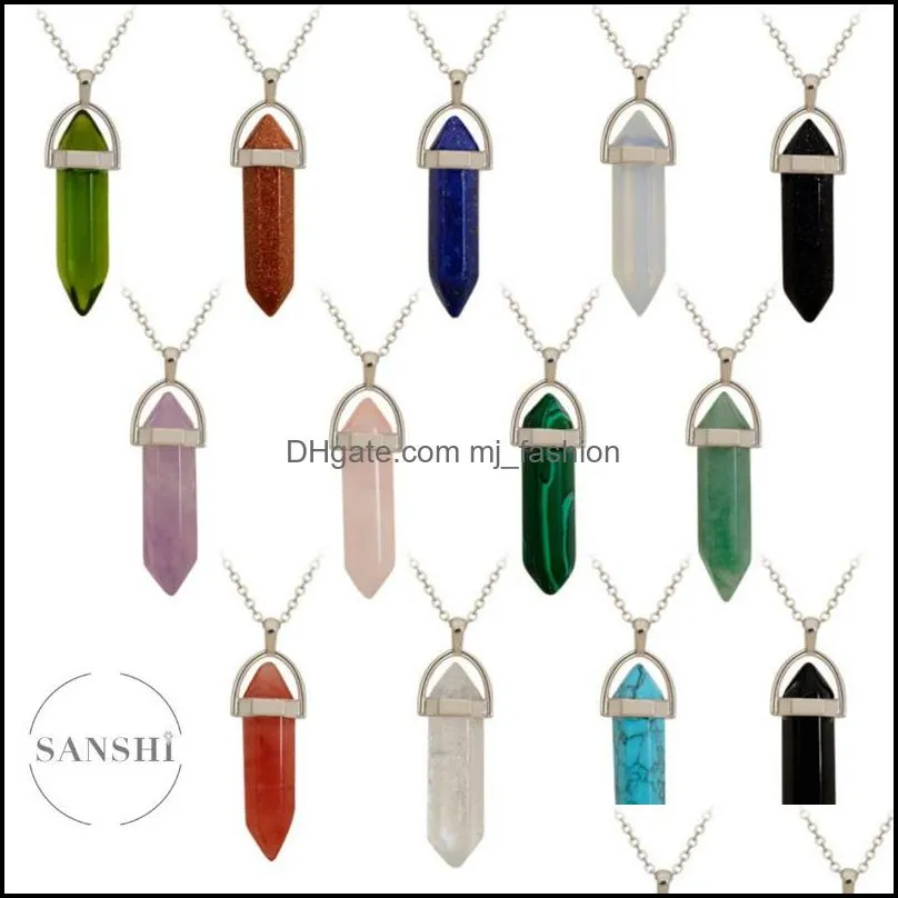 30colors hexagonal crystal pink purple quartz turquoise natural stone pendant chakra druzy necklace with 50cm stainless steel chain