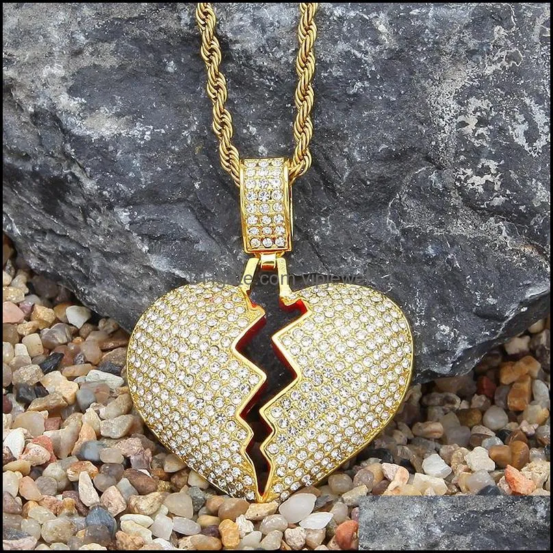 iced out broken love heart pendant necklaces mens bling crystal rhinestone love charm gold silver twisted chain for women hip hop