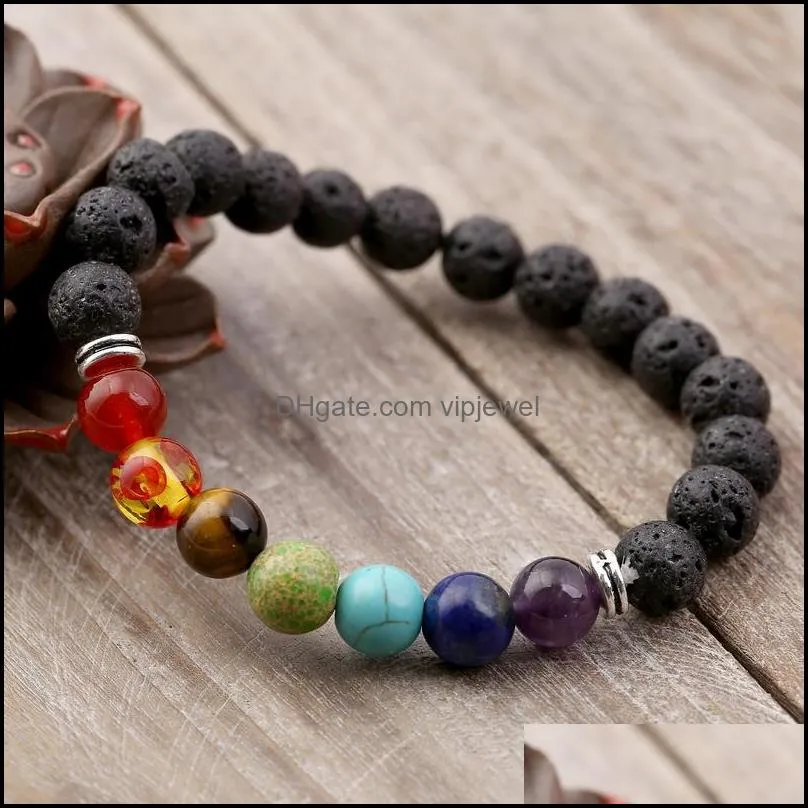  oils diffuser bracelet 7 chakra 8mm yoga beads bangle elastic natural lava stone bracelets hand strings jewelry b124s