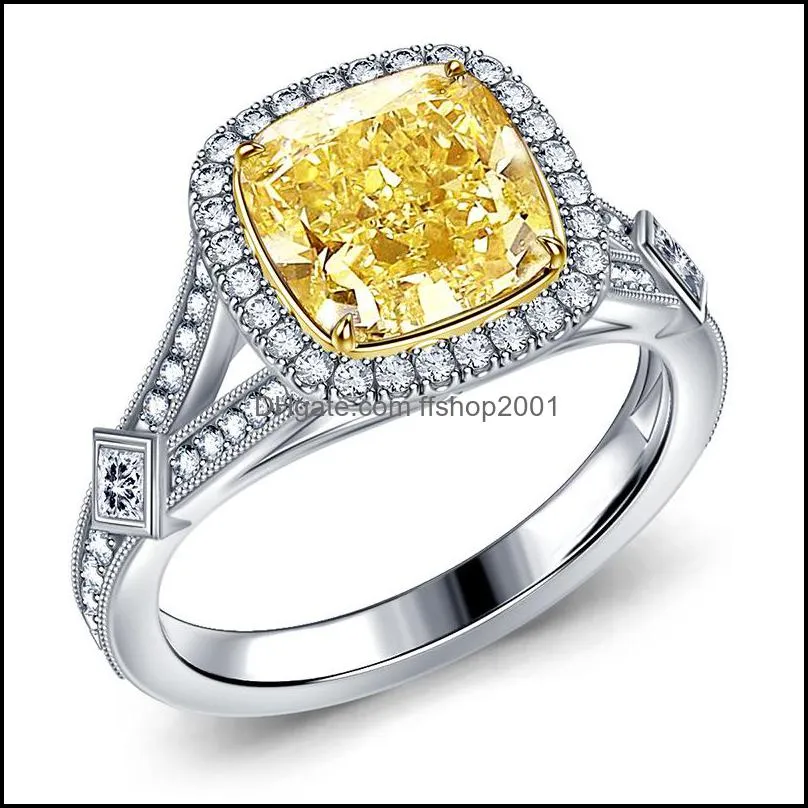 wedding rings trendy female yellow square crystal jewelry cute silver color engagement for women charm band valentines day gifts 3602