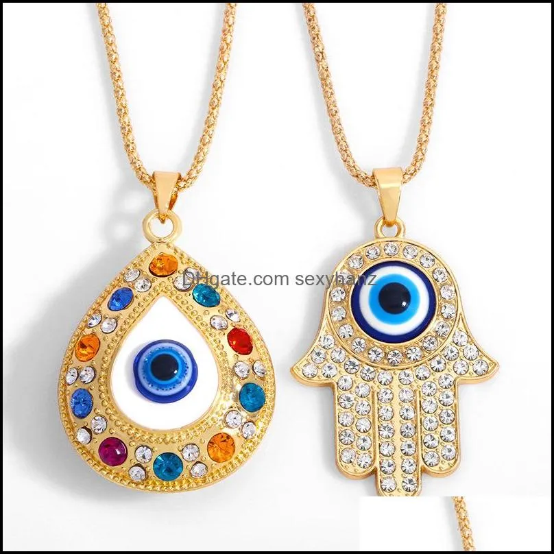 2021 fatima hand pendant necklace for women turkey evil blue eyes crystal sweater chain alloy gold plated necklaces jewelry