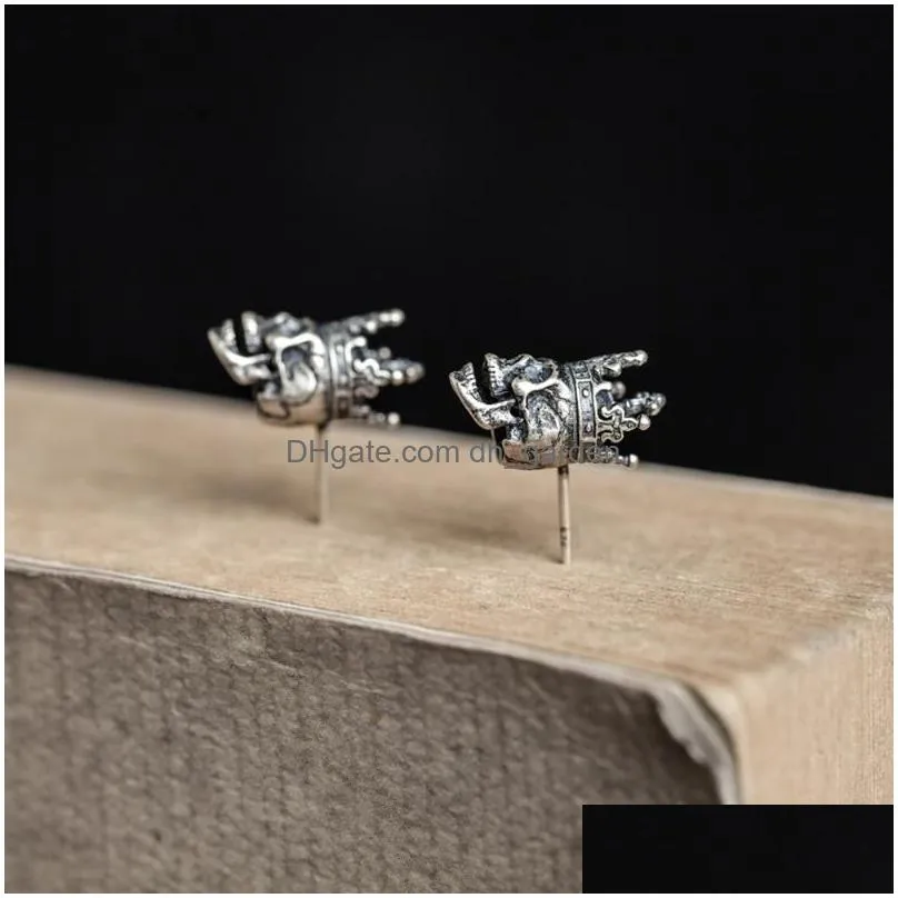 stud 100 925 sterling silver creative retro skull king crown earring punk gothic style ear pin for men women jewelrystud