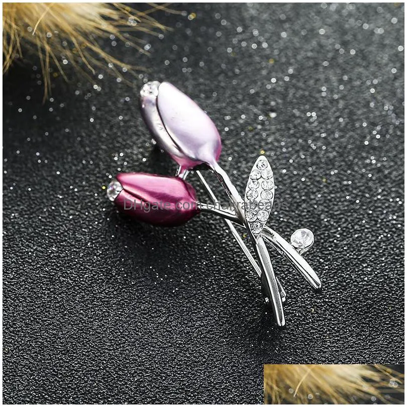 pins brooches rose gold color crystal brooch artificial pearl flower tulips ol trendy jewelry wholesale for women gift drop