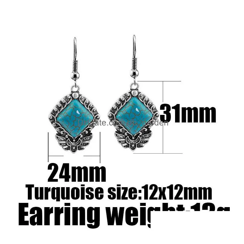 boho turquoise stone dangle drop earrings crown flower animal chandelier vintage silver ear hook for women fashion jewelry