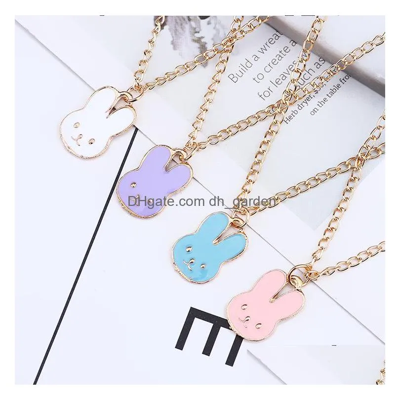 korean enamel rabbit head pendant necklaces women cartoon cute small animals charm gold chains for men fashion jewelry gift