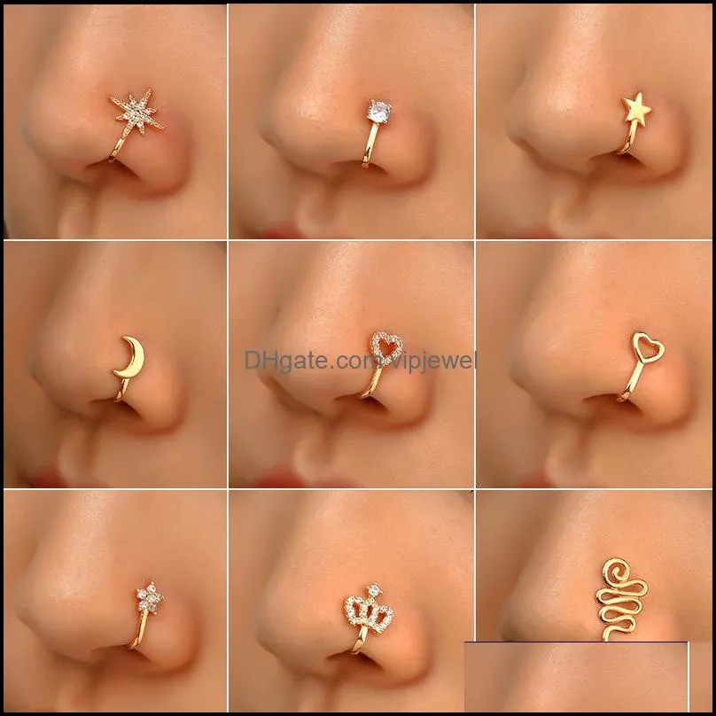 16 styles small copper fake nose rings for women non piercing gold plated clip on nose cuff stud girls fashion party jewelry