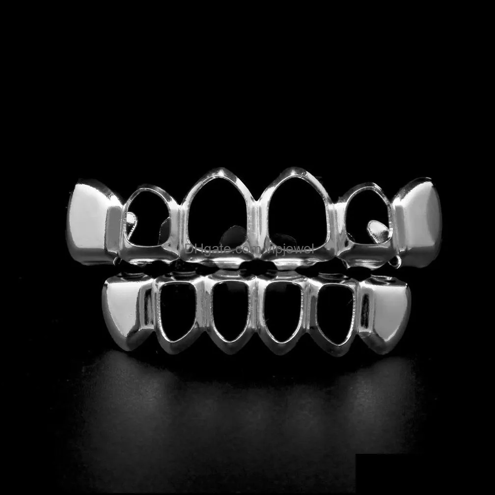 mens hip hop teeth grillz sets 6 tops bottom hollow smooth gold silver dental grills for women rock fashion body jewelry accessories