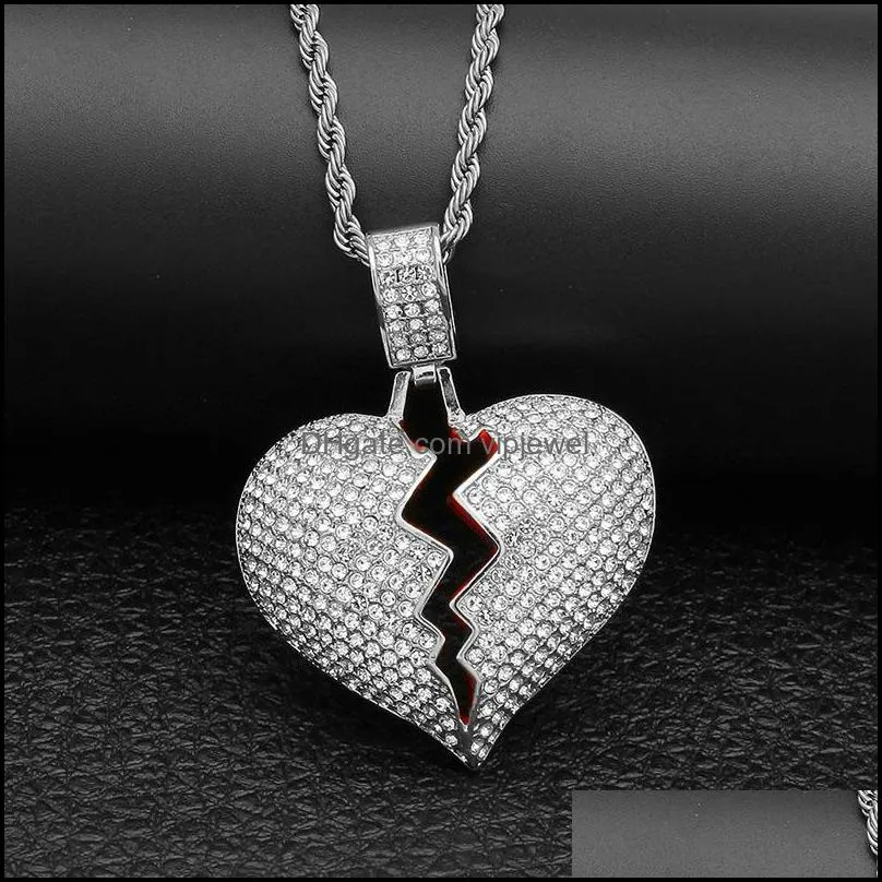 iced out broken love heart pendant necklaces mens bling crystal rhinestone love charm gold silver twisted chain for women hip hop