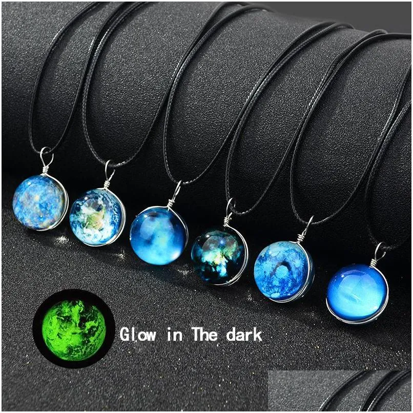  glow in the dark galaxy universe necklaces luminous glass cabochon star moon pendant black wax rope chain for women men fashion