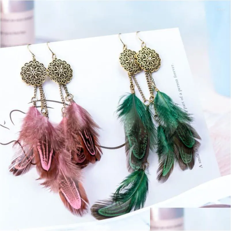 dangle earrings feather women bohemian dream catcher design exaggerated vintage long fringe tassel