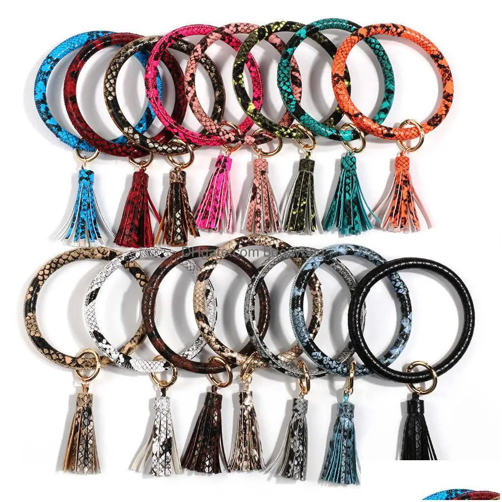 party favor tassel bangle keychain bracelets keyring snake leather o wristlet bracelet circle charm key ring holder wristbands party favor dbc