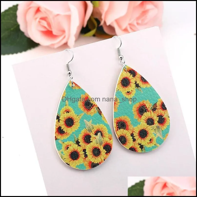  fashion bohomian pu leather earrings for women sunflower daisy printed waterdrop double side dangle earrings party jewelry christmas