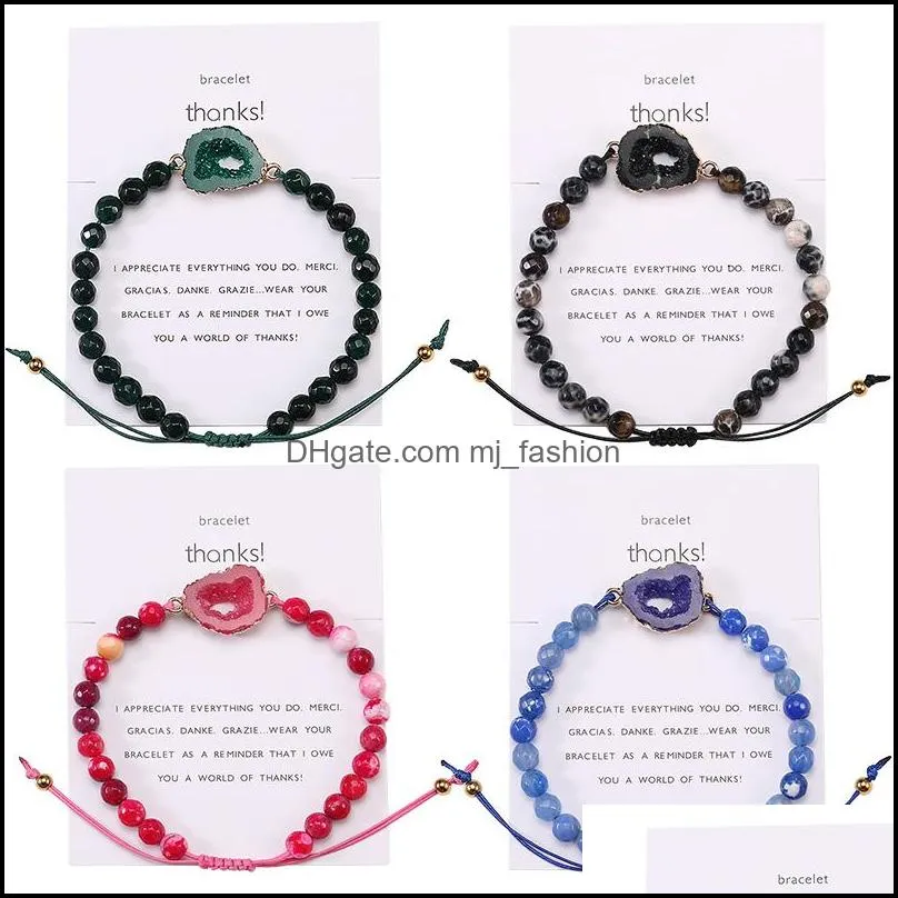  6mm nature stone agate beads bracelet with thanks card for women adjustable resin druzy handmade braided bracelet fashion jewelry