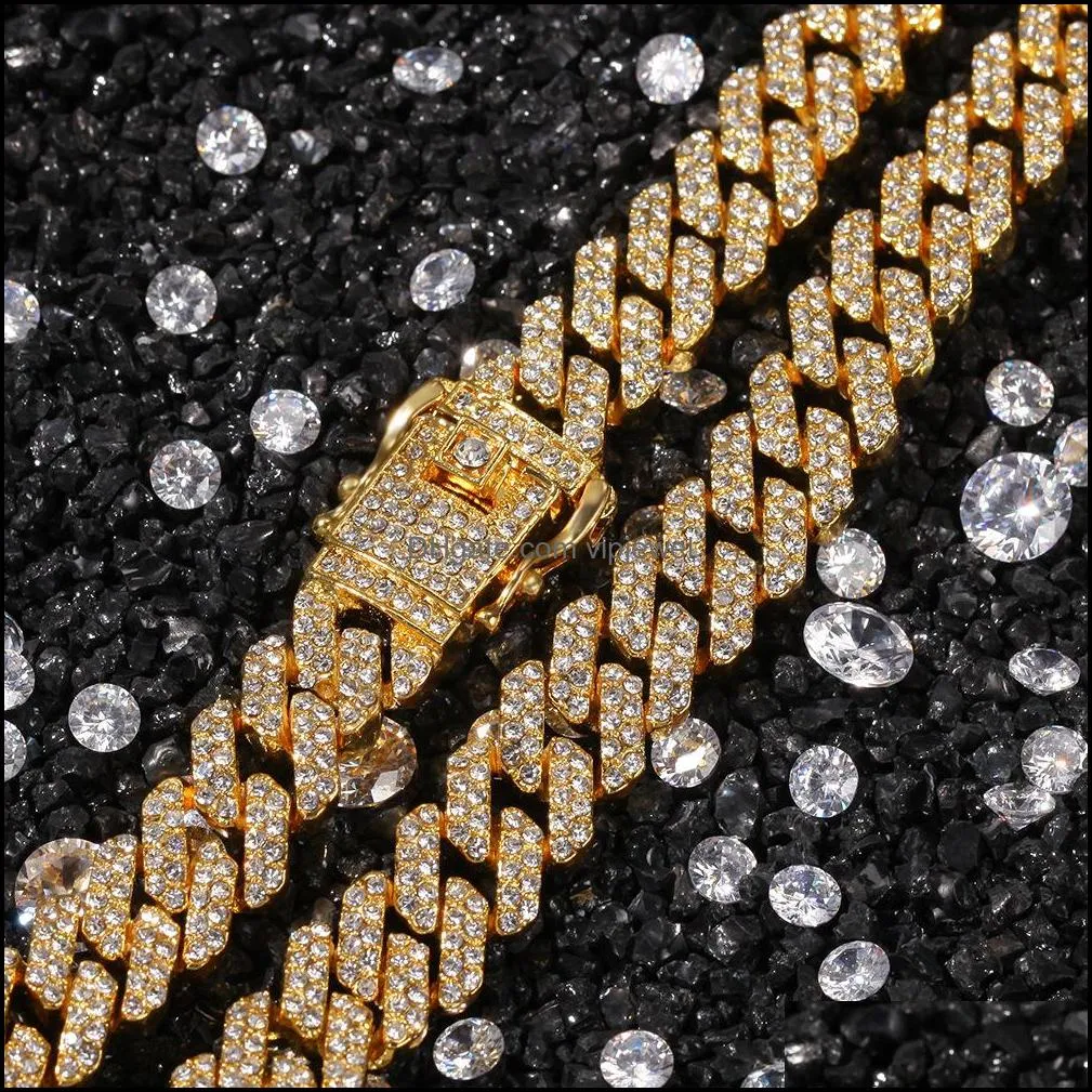 12mm  cuban link chain necklace bracelets set for mens bling hip hop iced out diamond gold silver rapper chains women luxury