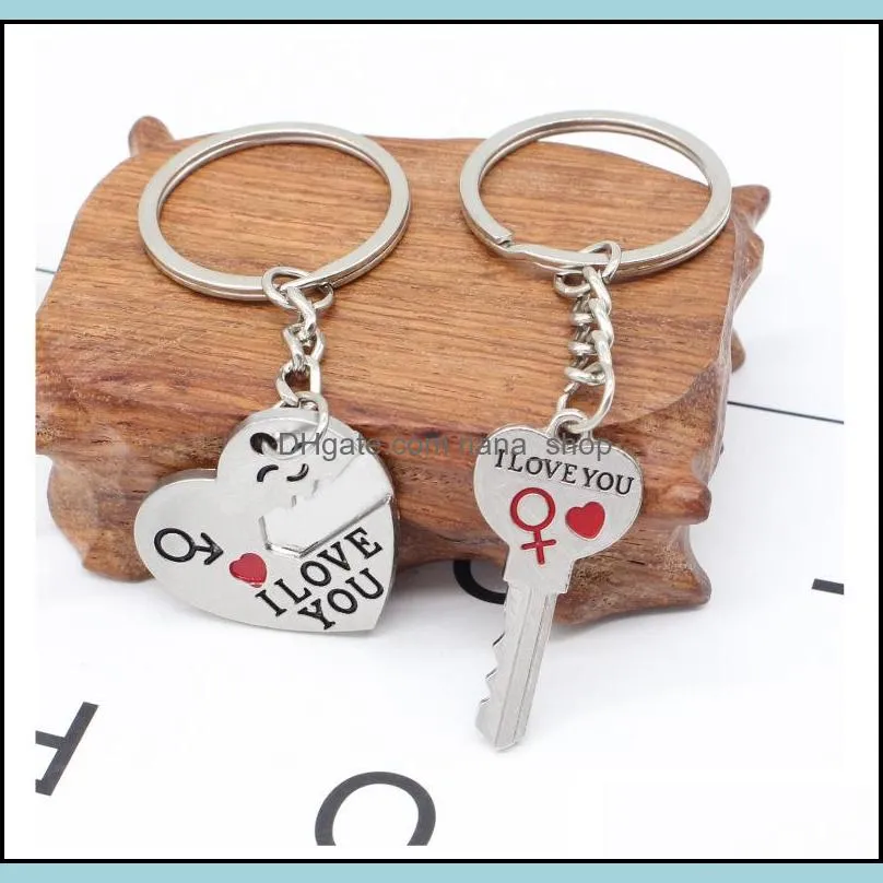 2pcs set alloy heart keychain i love you couple key chain lovers pendant key ring keychains for girls and boys 