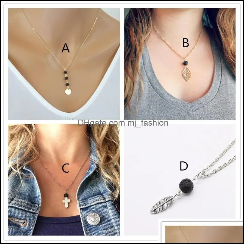 natural black lava stone necklace cross leaf silver gold color heart aromatherapy essential oil diffuser necklace for women jewelry