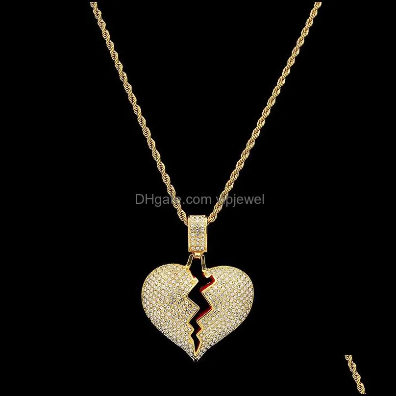 iced out broken love heart pendant necklaces mens bling crystal rhinestone love charm gold silver twisted chain for women hip hop