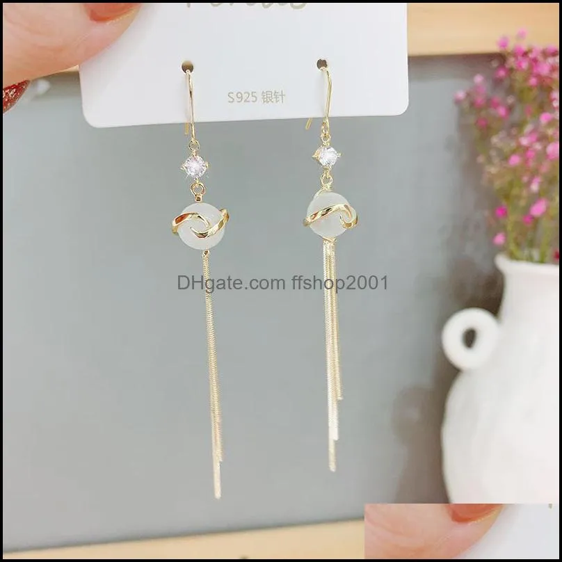 elegant 18k real gold plated opal white jade drop earrings gold tassel s925 sterling sier ball earrings jewelry 1904 t2
