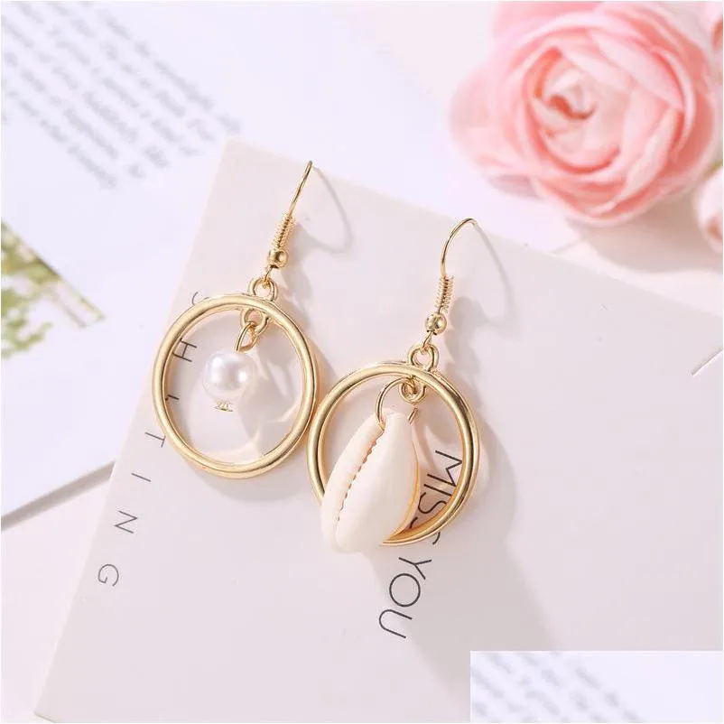 european and american asymmetrical beach conch dangle earrings for women round shell faux pearl drop earrings fashion jewelry gift