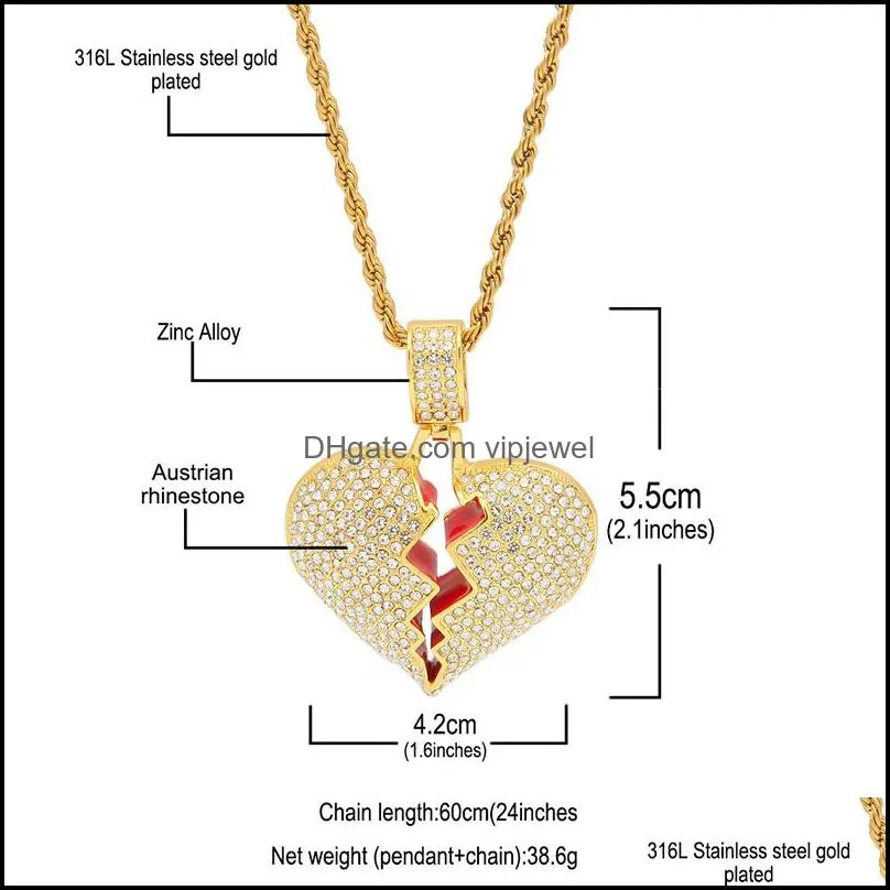 iced out broken love heart pendant necklaces mens bling crystal rhinestone love charm gold silver twisted chain for women hip hop