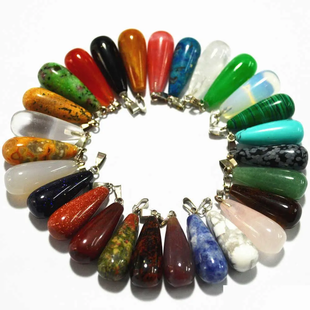 whole 2021 fashion mix color natural stone pendants waterdrop charms necklaces for jewelry making 50pcs/lot