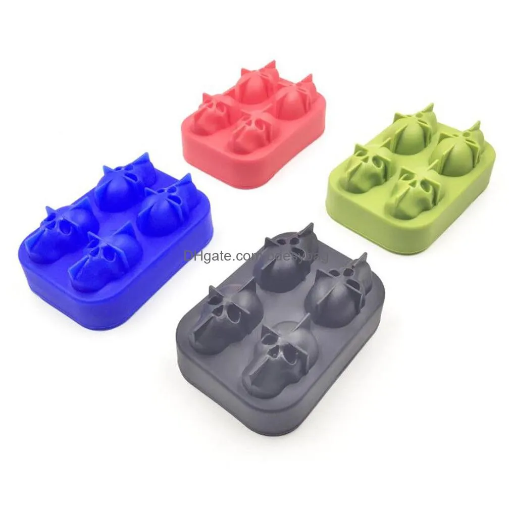 baking moulds dining ice cube tray 3d skull silicone mold 4cavity diy ice maker household use cool whiskey wine kitchen tools pudding ice cream mold
