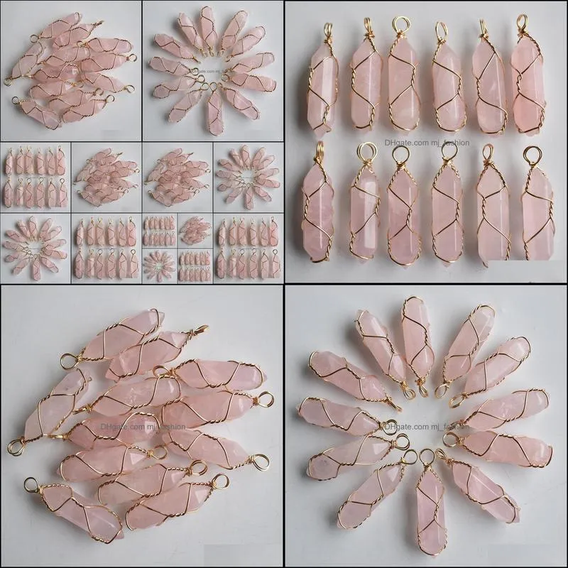 natural stone pink quartz pillar shape point handmade iron wire pendants for jewelry necklace earrings making