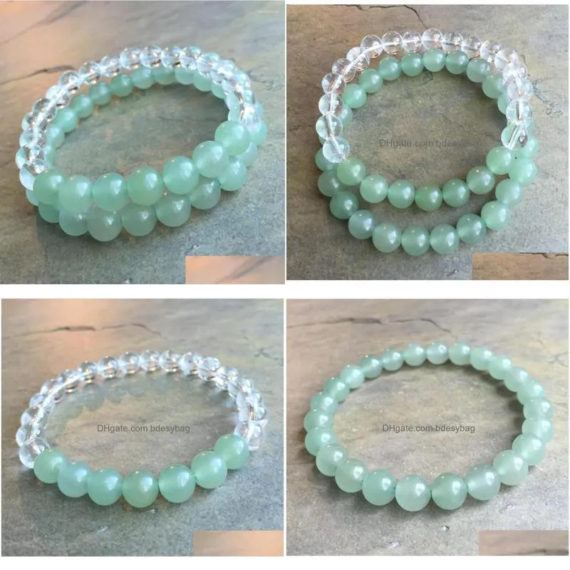 strand beaded strands 8mm set of 2 green stone clear crystal quartz bracelet yoga mala beads elastic stretchy braceletbeaded