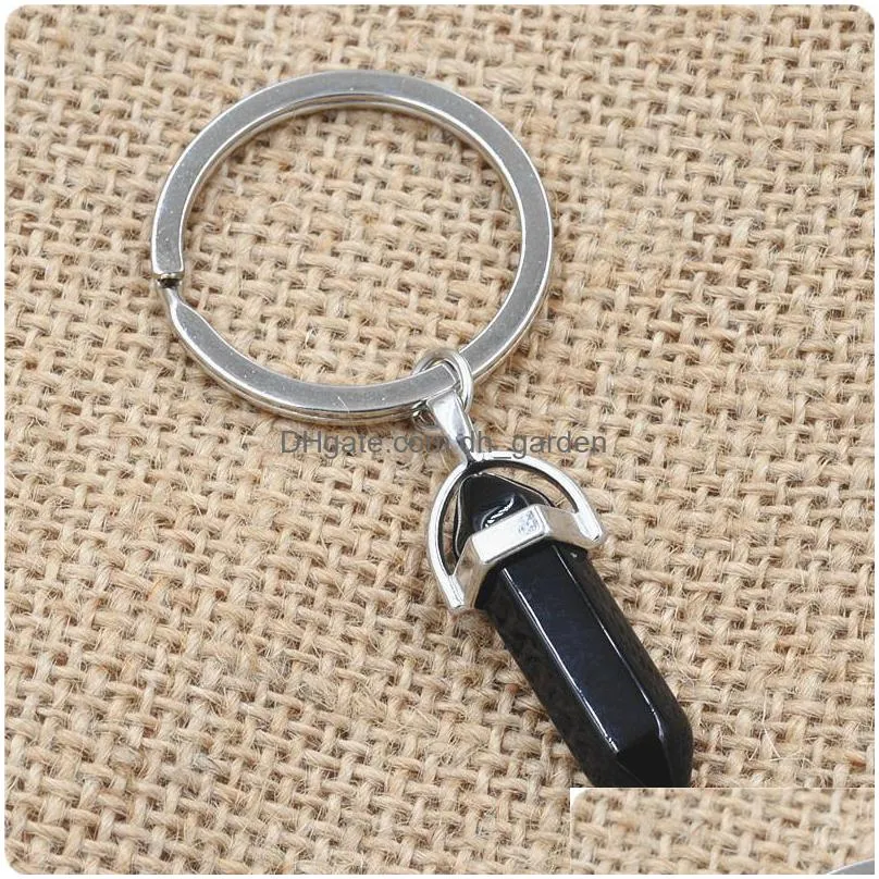 bulk natural stone keychains hexagonal prism bullet quartz point healing crystals chakra key chains diy jewelry accessories