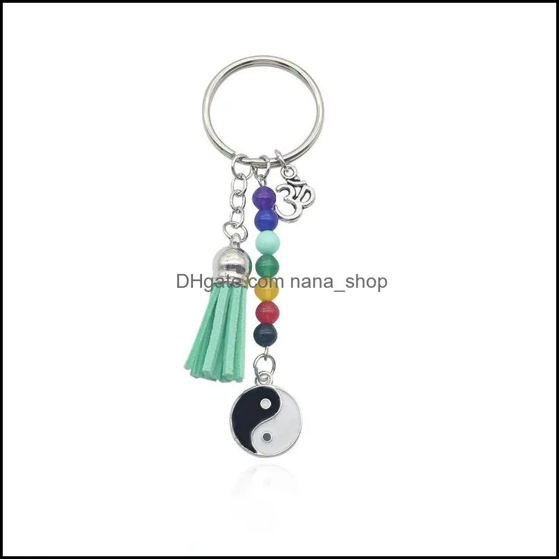 wholesale handmade colorful seven chakras yoga keychain personality tai ji pendant tassel keyfob metal fitness key rings