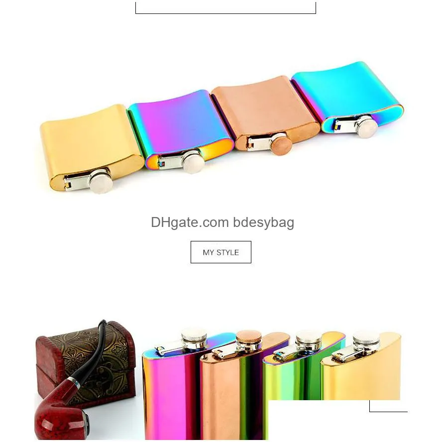 hip flasks portable 6oz hip flask gold plated gradient color rainbow colored stainless steel flask screw cap whiskey wine bottle